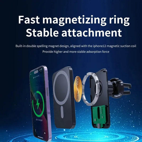 Chargeur sans fil magnétique 30 W pour voiture, compatible avec iPhone 15, 14, 13, 12 Pro Max et Mini. Support de téléphone Macsafe pour voiture, station de charge rapide.