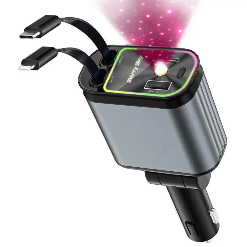 Super Fast Car Phone Charger, 100W Car Phone Charger with Retractable Cables USB and Type-C Port, 4 IN 1 Retractable Car Charger