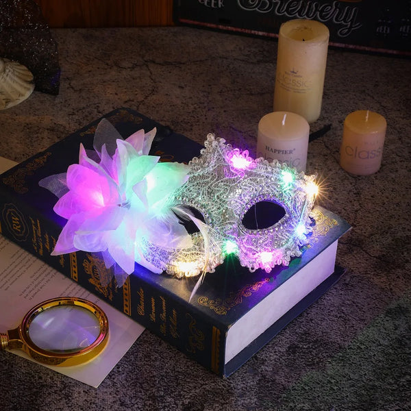 Queen Plastic LED Glowing Mask Lace Light Up Feather Flower Mask Makeup Half Face Mask Venice Masquerade Mask Women