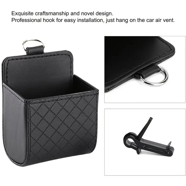 Support de téléphone de voiture à fixer sur la grille d'aération, boîte de rangement suspendue, pochette en cuir PU pour téléphone portable, organisateur de lunettes, accessoires de voiture