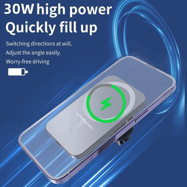 Chargeur sans fil magnétique 30 W pour voiture, compatible avec iPhone 15, 14, 13, 12 Pro Max et Mini. Support de téléphone Macsafe pour voiture, station de charge rapide.