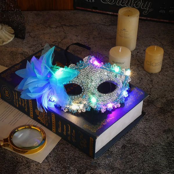 Queen Plastic LED Glowing Mask Lace Light Up Feather Flower Mask Makeup Half Face Mask Venice Masquerade Mask Women