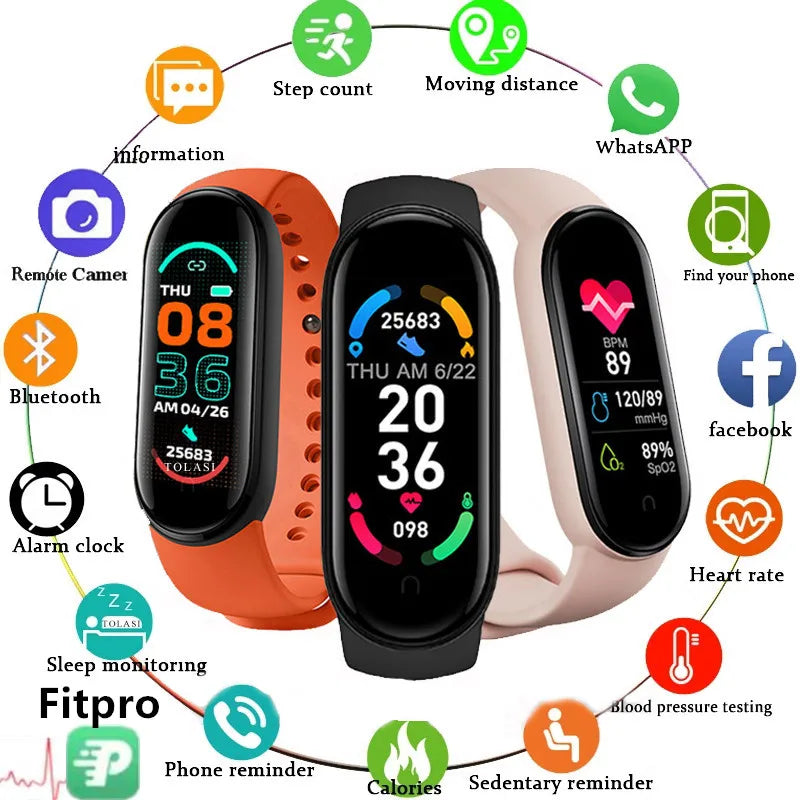 Montre connectée M6 pour hommes et femmes, bracelet de sport et de fitness, moniteur de fréquence cardiaque et de pression artérielle, étanche, multifonctions