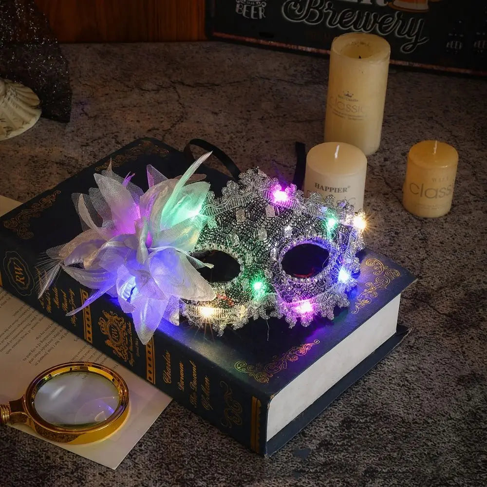 Queen Plastic LED Glowing Mask Lace Light Up Feather Flower Mask Makeup Half Face Mask Venice Masquerade Mask Women