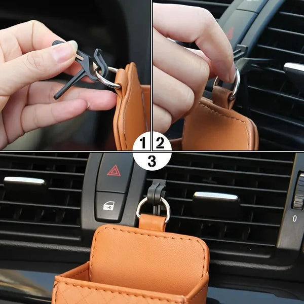 Support de téléphone de voiture à fixer sur la grille d'aération, boîte de rangement suspendue, pochette en cuir PU pour téléphone portable, organisateur de lunettes, accessoires de voiture