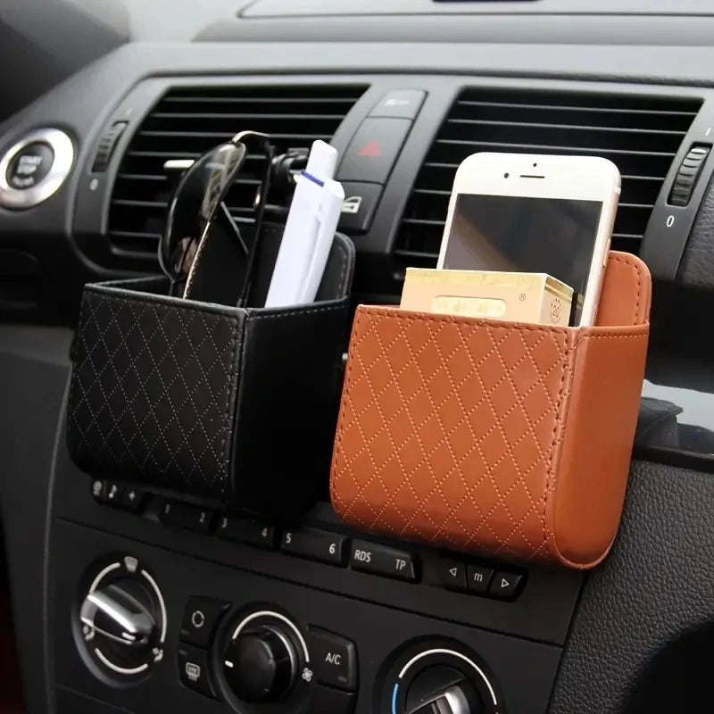 Support de téléphone de voiture à fixer sur la grille d'aération, boîte de rangement suspendue, pochette en cuir PU pour téléphone portable, organisateur de lunettes, accessoires de voiture
