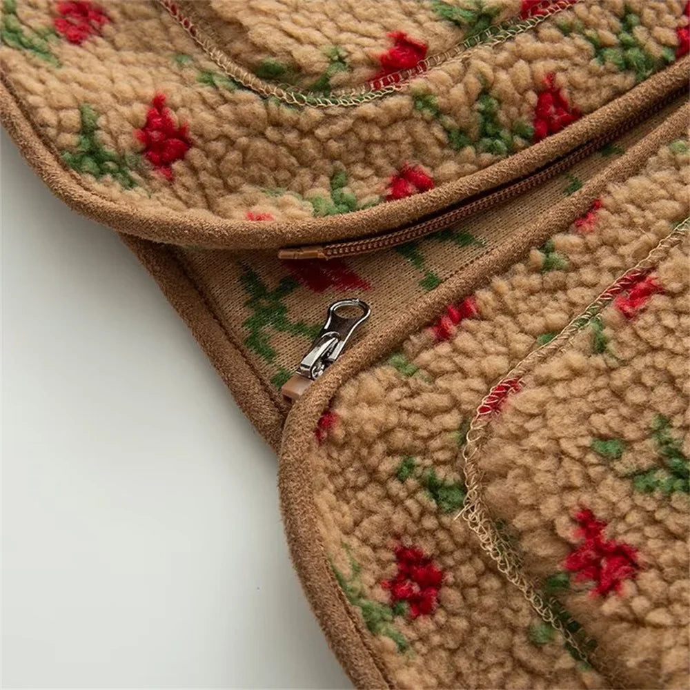 Autumn new women's clothing European and American style floral zipper collar plush pullover lamb wool jacket