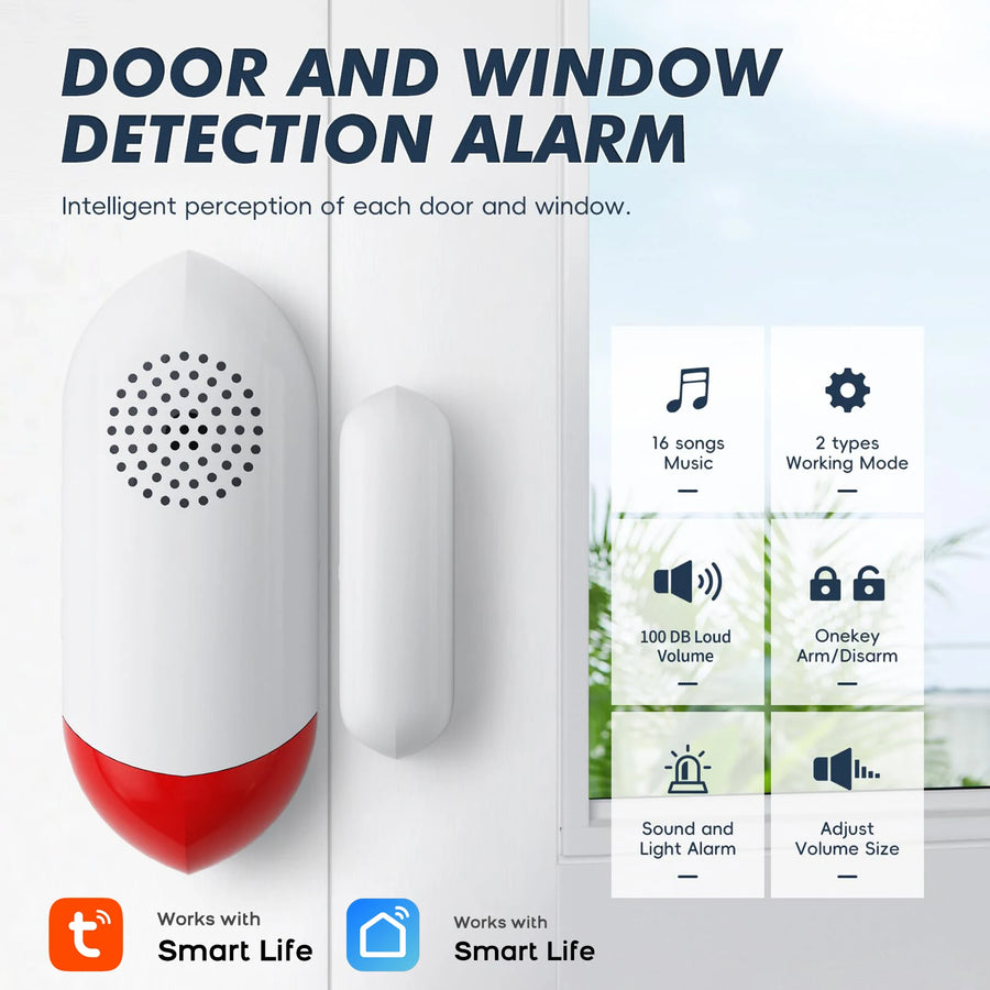 Tuya Smart WiFi Door Window Sensor 100dB Siren LED Flashing Light Smart Life App Control Wireless Home Safety Security Alarm