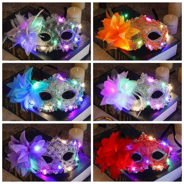 Queen Plastic LED Glowing Mask Lace Light Up Feather Flower Mask Makeup Half Face Mask Venice Masquerade Mask Women