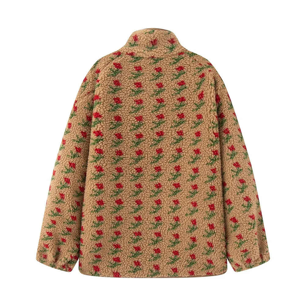 Autumn new women's clothing European and American style floral zipper collar plush pullover lamb wool jacket