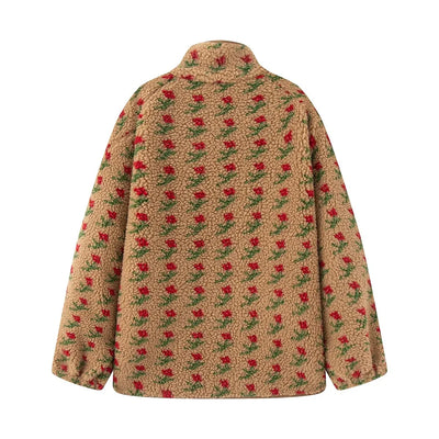 Autumn new women's clothing European and American style floral zipper collar plush pullover lamb wool jacket