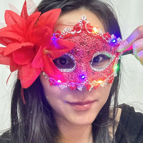Queen Plastic LED Glowing Mask Lace Light Up Feather Flower Mask Makeup Half Face Mask Venice Masquerade Mask Women