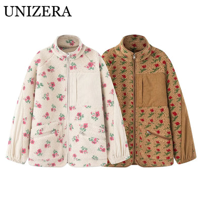 Autumn new women's clothing European and American style floral zipper collar plush pullover lamb wool jacket