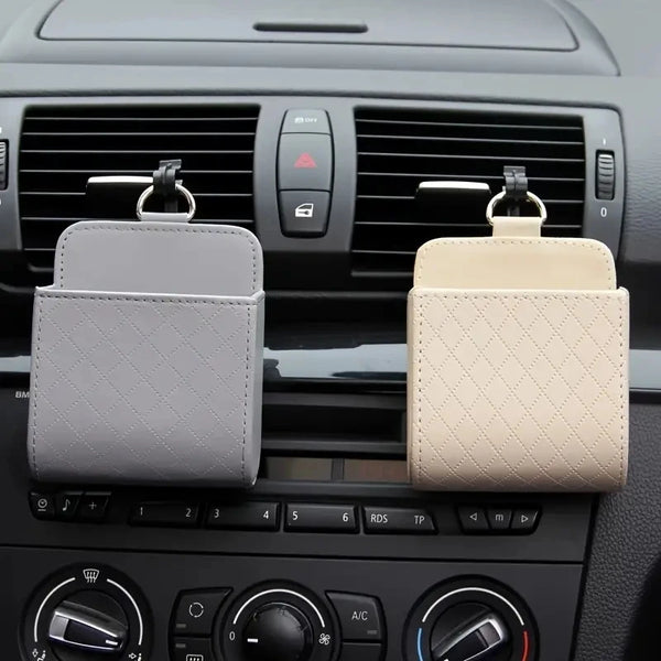 Support de téléphone de voiture à fixer sur la grille d'aération, boîte de rangement suspendue, pochette en cuir PU pour téléphone portable, organisateur de lunettes, accessoires de voiture
